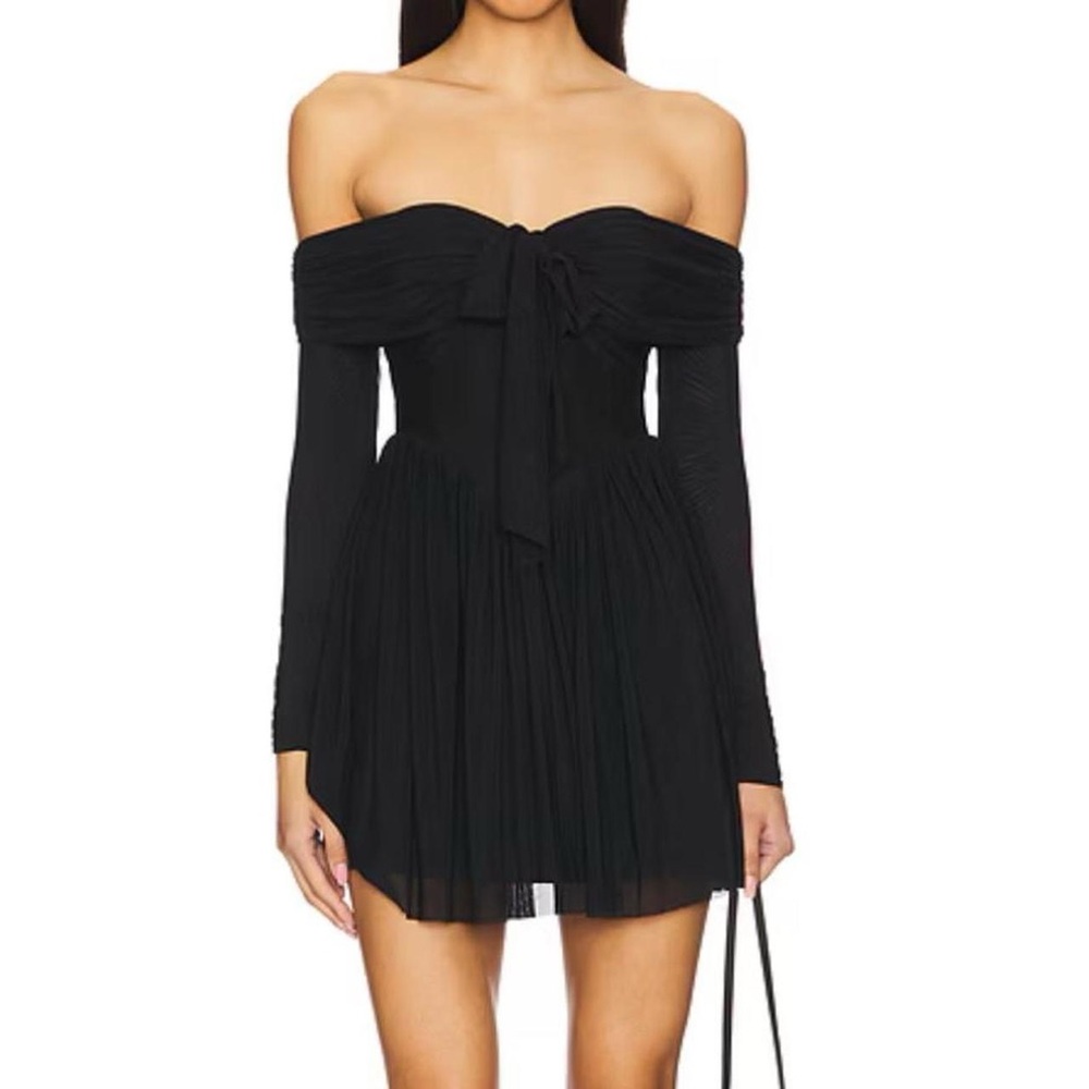 Black Kristiana mesh off the shoulder tie micromesh bustier style dress